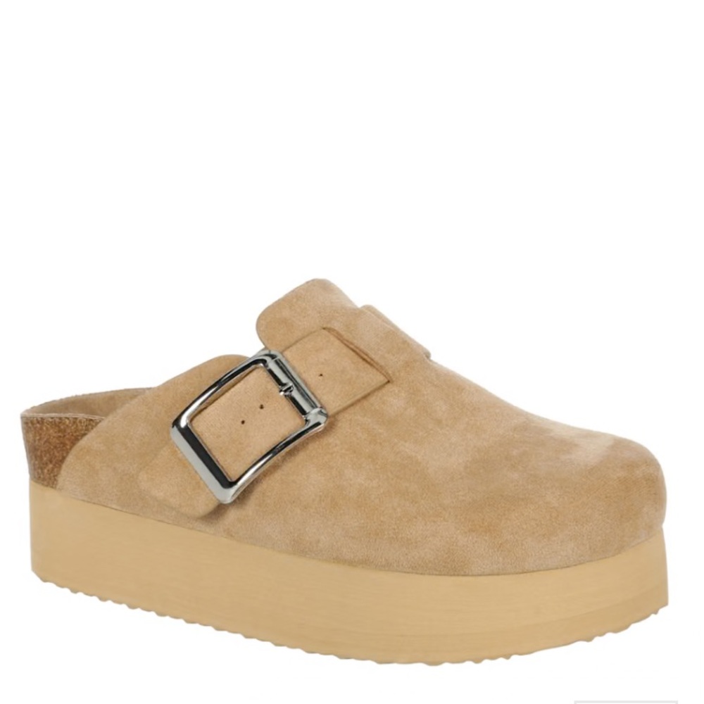 Platform Suede Clog Mule in Beige with Buckle